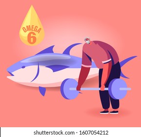 Cheerful Good Looking Senior Man Lifting Barbell and Engage Sports Activity Applying Omega 6 Oils. Aged Person with High Energy Power and Vitality. Healthy Nutrition. Cartoon Flat Vector Illustration