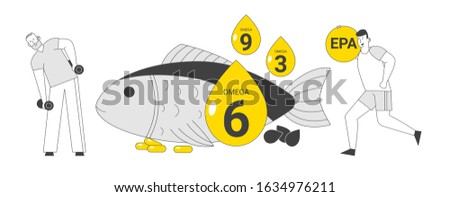 Cheerful Good Looking Senior Man Lifting Dumbbells , Young Sportsman Running. People Engage Sports Activity Applying Omega 3, 6, 9 Oils. High Energy Power. Cartoon Flat Vector Illustration, Line Art