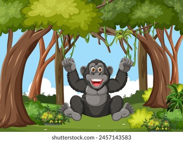Cheerful gorilla sitting under trees in a forest.