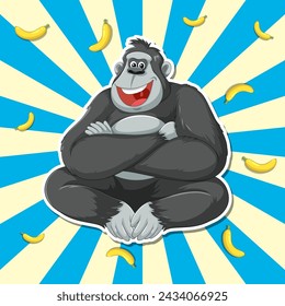 Cheerful gorilla surrounded by bananas on blue.