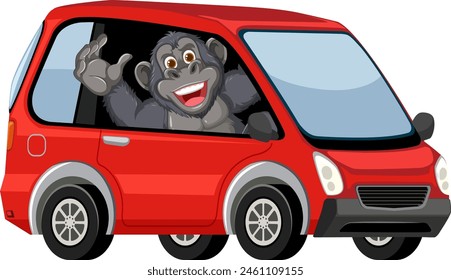 Cheerful gorilla waving from a compact car