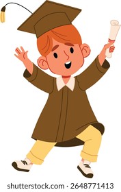 A cheerful graduate in a cap and gown holds a diploma in a lively pose. The character exudes happiness and pride in a playful cartoon style. Cartoon vector illustration.