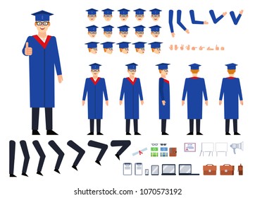 Cheerful graduate student in blue mantle creation kit. Create your own pose, action, animation. Various emotions, gestures, design elements. Flat design vector illustration