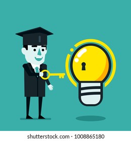 Cheerful graduate student holds key to knowledge, idea light bulb. Education is key to success concept. Flat style vector illustration