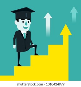 Cheerful graduate student stands on growth chart stairs. Successful career after graduation concept. Flat style vector illustration