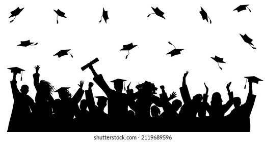 Cheerful graduate students with academic caps, silhouette. Graduation at university or college or school. Vector illustration.