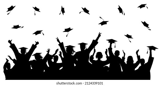 Cheerful graduate students with academic caps, silhouette. Graduation at university or college or school. Vector illustration.