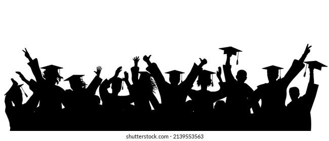 Cheerful Graduate Students With Academic Caps, Silhouette. Graduation At University Or College Or School. Vector Illustration.