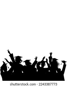 Cheerful graduate students with academic caps, silhouette. Graduation at university or college or school.  Isolated vertical banner. Vector illustration.