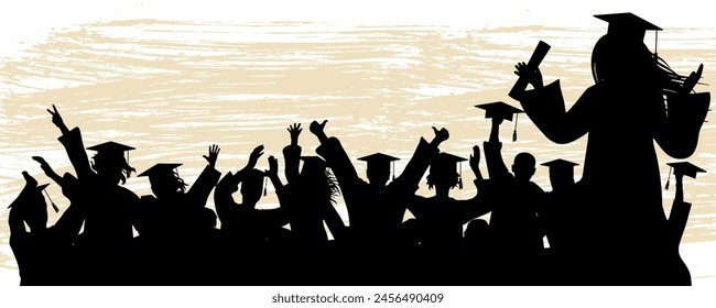 Cheerful graduate students with academic caps, silhouette. Graduation at university or college, or school. Vector illustration.