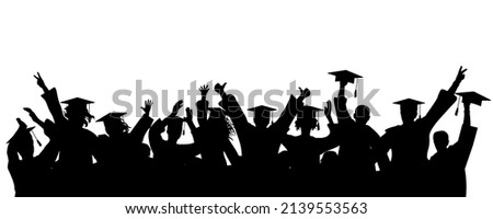 Cheerful graduate students with academic caps, silhouette. Graduation at university or college or school. Vector illustration.