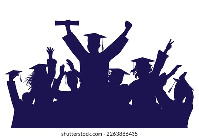 Cheerful graduate students with diploma and academic caps, silhouette. Graduation at university or college or school.  Vector illustration.