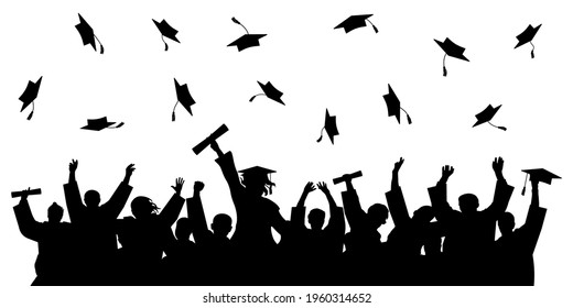 Cheerful graduate students with diploma, throwing academic caps, silhouette. Graduation at university or college or school. Vector illustration.