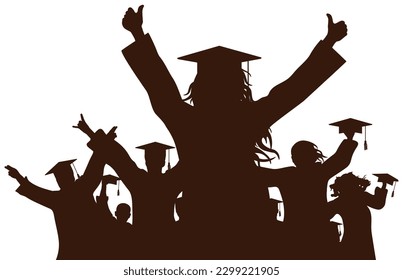 Cheerful graduate students, silhouette. Graduation at university or college or school.  Vector illustration.