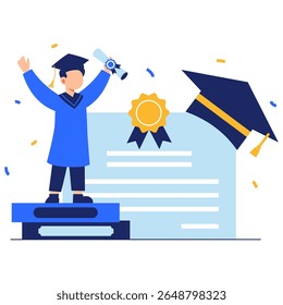 A cheerful graduate throws a cap in the air and holds a diploma with pride, surrounded by festive confetti, symbolizing academic success and celebration.