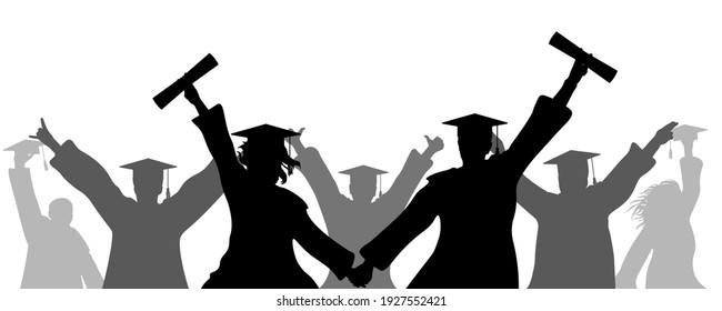 Cheerful graduates in academic square caps with diploma, silhouette. Termination of study at university, college. Vector illustration. Applied clipping mask, can be change. 