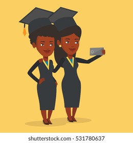 Cheerful graduates in cloaks and graduation caps making selfie. Happy graduates making selfie with cellphone. African-american graduates making selfie. Vector flat design illustration. Square layout.