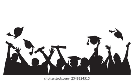 Cheerful graduating students with academic caps , graduation at university or college or school with silhouette style
