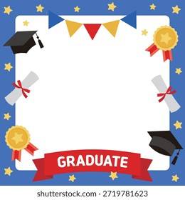 Cheerful graduation frame on a blue background with mortarboards, diplomas, gold medals, and bunting. Features a white center for custom text. Great for school ceremony posters and cards.