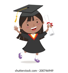 Cheerful graduation girl. Little graduate girl holding certificate with cheerful smile.