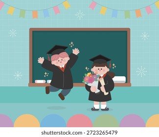 A cheerful graduation illustration designed for educational materials and celebrations, expressing achievement, pride, and joyful new beginnings in a bright, friendly classroom scene.