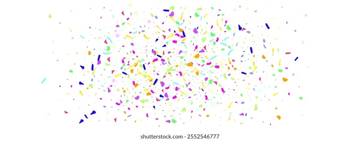 Cheerful Grain Decoration Vector White Panoramic Background. Festive Flying Polka Banner. Colorful Splash Carnival Postcard. Spectacular Fraction Christmas Texture.