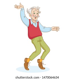 Cheerful grandfather is dancing.  In cartoon style. Isolated on white background.