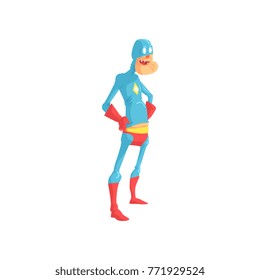 Cheerful grandfather dressed in blue superhero costume with mask, red gloves and pants. Cartoon elderly man standing with arms akimbo. Isolated flat vector