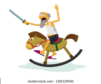 A cheerful grandfather with a toy saber on a baby horse rocking. Isolated on white vector illustration in flat style.