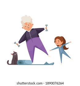 Cheerful grandma and granddaughter doing fitness together flat vector illustration