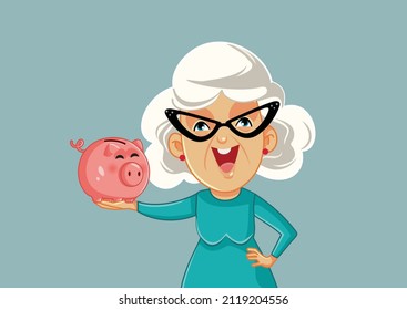 
Abuela alegre sosteniendo una caricatura de un vector de banco de cerdo. Feliz abuela ahorrando dinero privado en prisión 
