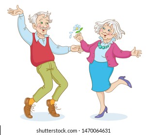 Cheerful grandmother and grandfather are dancing together.  In cartoon style. Isolated on white background.