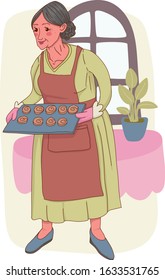 Cheerful Grandmother Makes Family Recipe Cookies In Apron - Cute Cartoon Vector Illustration