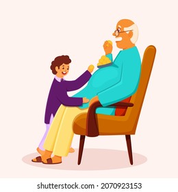 Cheerful Grandpa And Grandson Eating Laddu (Indian Sweet) On Pastel Pink Background.