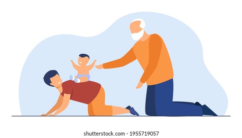 Cheerful grandpa playing with grandchilds. Grandfather, infant, fun flat vector illustration. Family and game activity concept for banner, website design or landing web page