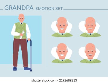 Cheerful grandpa semi flat color character emotions set. Editable facial expressions. Positivity vector style illustration for motion graphic design and animation. Comfortaa font used