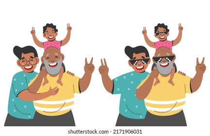 Cheerful Grandson Sitting Shoulder Of Grandfather With Man Standing Together In Two Images Against White Background.