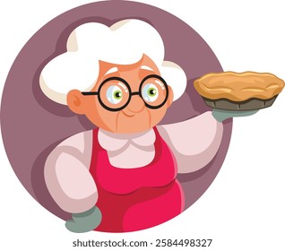 
Cheerful Granny with Apple Pie Vector Cartoon Character. Senior female home cook with delicious baked tart woman 