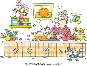 Cheerful granny with her fatty cat cooking an original tasty soup with fresh vegetables and spices in a cozy traditional kitchen, vector cartoon illustration isolated on a white background