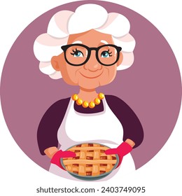 
Cheerful Granny Holding a Homemade Pie Vector Cartoon Character. Skillful traditional baker making a fruit tart at home
