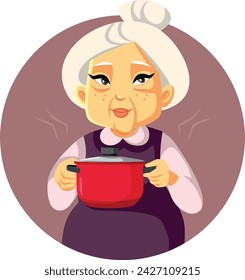 
Cheerful Granny Holding a Pot of Homemade Lunch Vector Cartoon Character. Senior woman holding a main dish presenting it to the family
