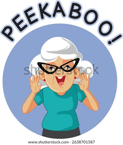 
Cheerful Granny Playing the Peekaboo Game Vector Cartoon Character. Happy grandma peeking out while having fun with her grandchild 
