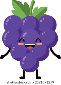 A cheerful grape character with a big smile and arms stands with a playful pose, radiating joy in a vibrant design.