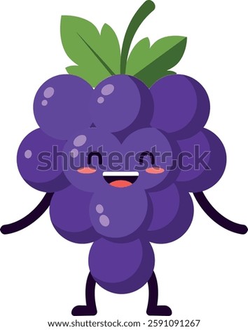 A cheerful grape character stands with arms outstretched, displaying a joyful expression, exuding a playful and vibrant atmosphere.
