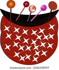 Cheerful graphic design showcasing colorful lollipops stored in a stylish red pouch with a starry pattern. Perfect for candy-themed projects.