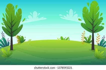 Cheerful Grass Meadow At Park Trees And Bushes Flowers Scenery Background. Vector Illustration Of Forest Nature Happy Cartoon Style