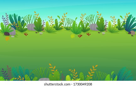 cheerful grass meadow at park trees and bushes flowers scenery background. vector illustration of forest nature happy cartoon style