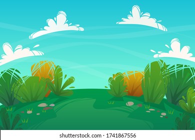cheerful grass meadow at park trees and bushes flowers scenery background. vector illustration of forest nature happy cartoon style