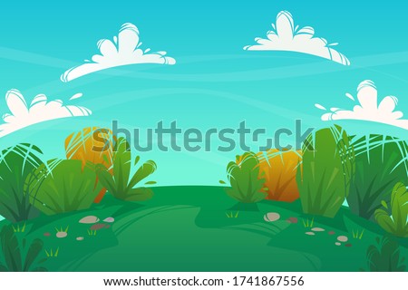 cheerful grass meadow at park trees and bushes flowers scenery background. vector illustration of forest nature happy cartoon style