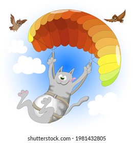 cheerful gray cat enjoys paragliding on a multicolored parachute in the blue sky with clouds